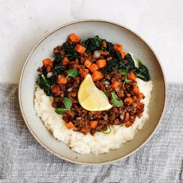 AIP Berber-Spiced Ground Beef Skillet with Cassava Mash and Wilted Spinach