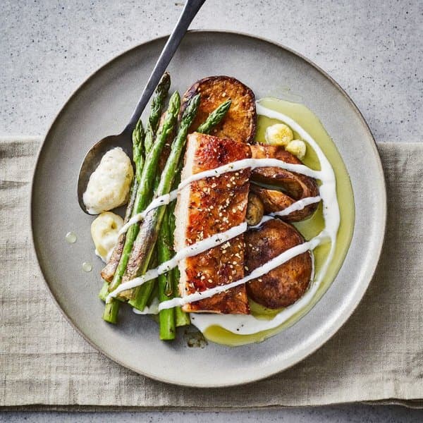 Pan-Seared Trout with Roasted Sweet Potato, Asparagus and Coconut-Lemon Drizzle
