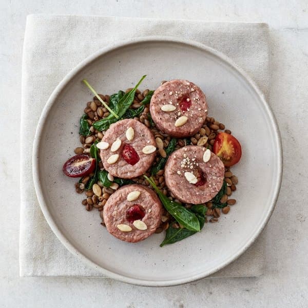 Sicilian Beef Polpette over Warm Lentils with Currants and Pine Nuts