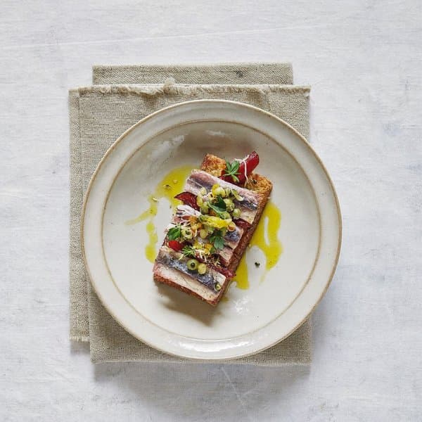 Calabrian Mackerel and Roasted Pepper Crostini with Caper-Lemon Drizzle