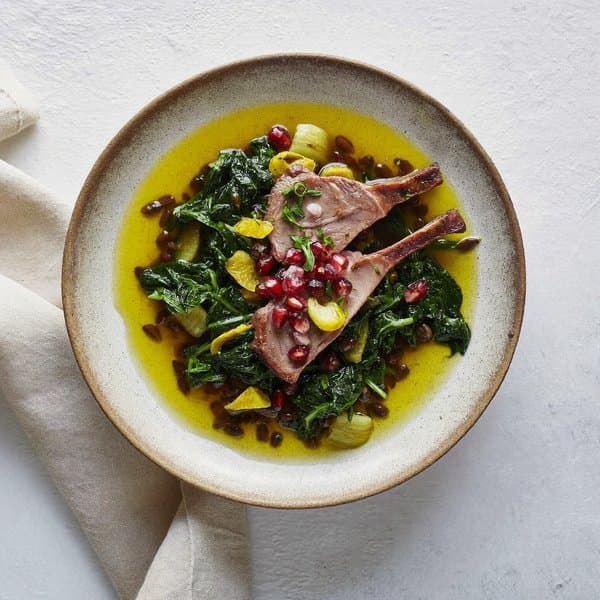 Thessalian Lamb and Lentil Stew with Wilted Spinach and Pomegranate