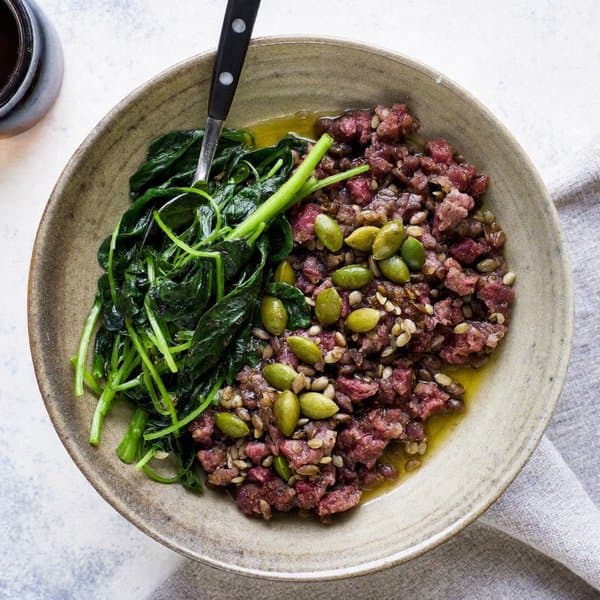 Moroccan-Spiced Beef & Lentil Bowl with Pumpkin Seeds and Turmeric Greens