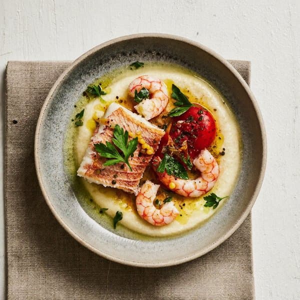Istrian Cod and Shrimp Brodet over Soft Polenta with Bay and Parsley