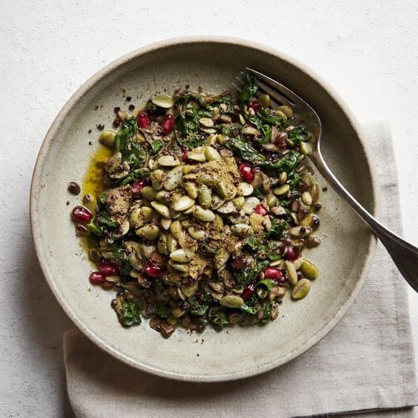 Spiced Lentil and Spinach Skillet with Pumpkin Seeds and Pomegranate