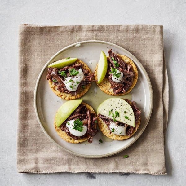 AIP Rustic Beef Bites on Cassava Crackers with Apple and Coconut-Lemon Drizzle