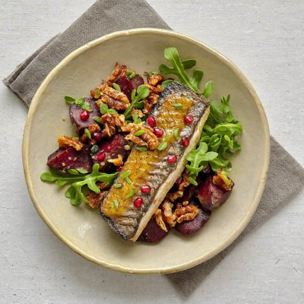 Wild Mackerel and Roasted Beet Bowl with Ginger-Pomegranate Dressing and Walnuts