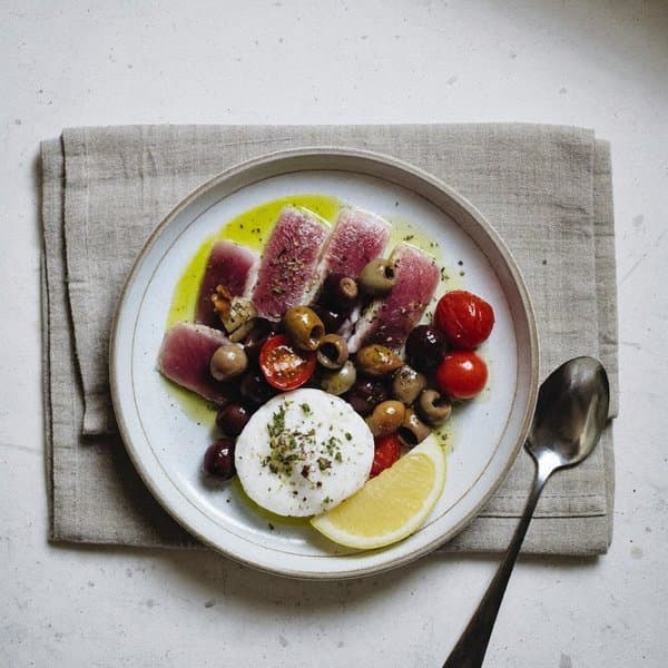 Pugliese Tuna and Soft Egg Plate with Cherry Tomato, Olives and Oregano