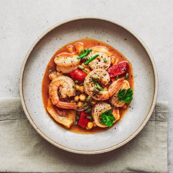 Basque Shrimp & Chickpea Stew with Smoked Paprika and Pumpkin Seeds