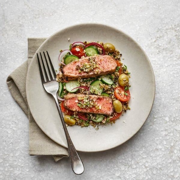 Tuscan Farro-Style Quinoa Panzanella with Seared Tuna and Sunflower Gremolata
