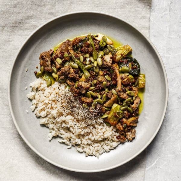 Lebanese Spiced Lamb Hashweh with Pumpkin-Seed Rice and Charred Cabbage