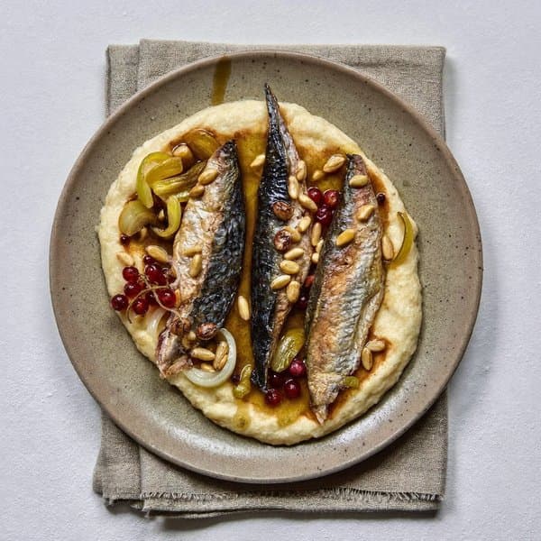 Venetian Sardines in Saor over Soft Polenta with Pine Nuts and Currants