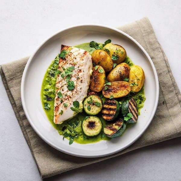 Algerian Chermoula Cod with Saffron-Lemon Potatoes and Charred Zucchini