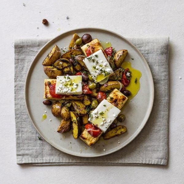 Greek Cod Plaki with Roasted Potatoes, Olives and Feta