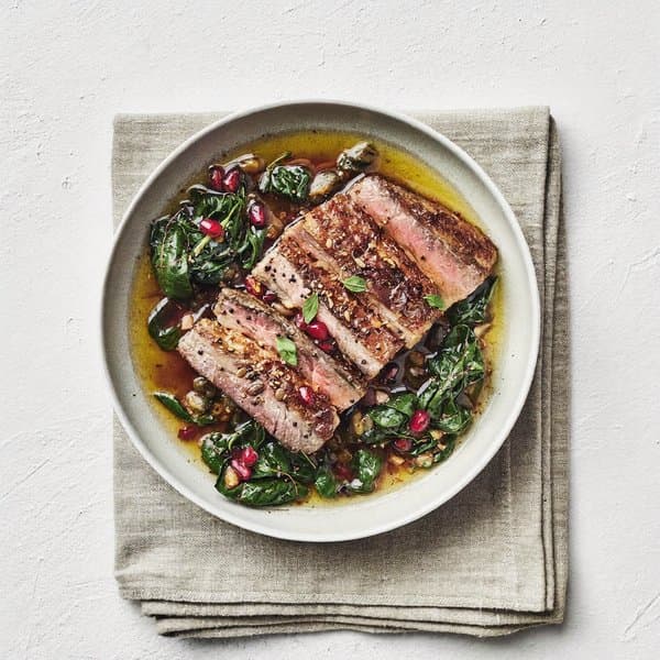 Moroccan Beef-Lentil Tagine with Wilted Spinach and Pomegranate
