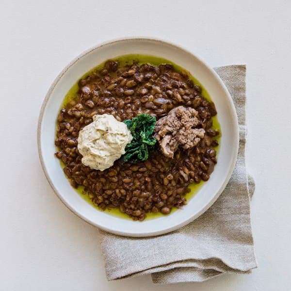 Lebanese Mujadara with Lamb, Wilted Spinach & Lemon-Tahini