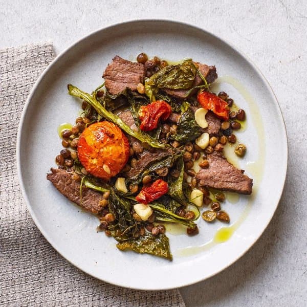 Calabrian Beef and Lentil Skillet with Sun-Dried Tomato and Wilted Chard