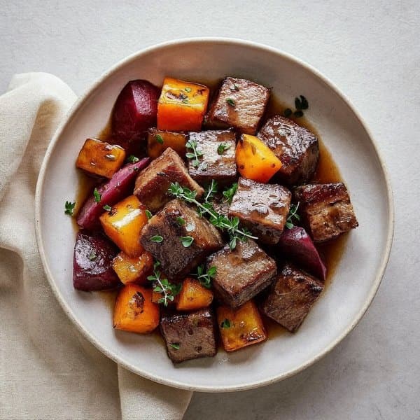 AIP Slow-Braised Beef with Roasted Beet, Carrot and Bone-Broth Pan Sauce