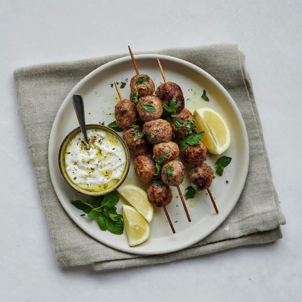 Greek Lamb Meatball Skewers with Herbed Coconut Yogurt
