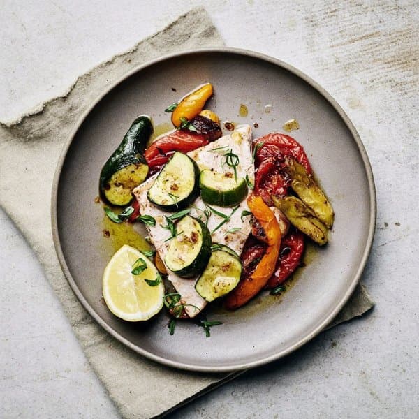 Baked Cod with Lemon and Roasted Vegetables
