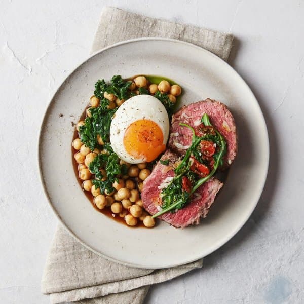 Galician Seared Beef with Soft Egg, Pimentón Kale and Warm Chickpeas