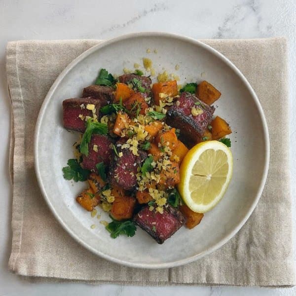 AIP Rustic Beef Bites with Roasted Sweet Potato and Ginger