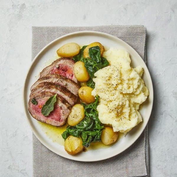 Roman Sage-Seared Beef Scaloppine with Lemon Spinach and Crushed Potatoes