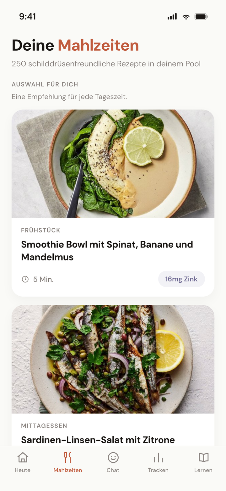 Wochenplan-Bildschirm mit den Mahlzeiten eines Tages und Nährstoff-Anzeigen