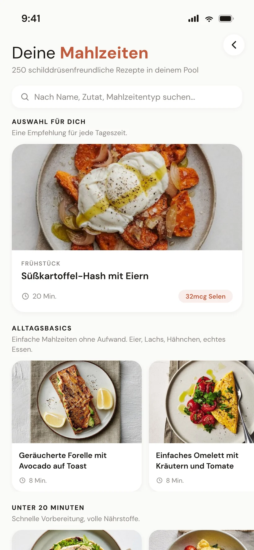 Wochenplan-Bildschirm mit den Mahlzeiten eines Tages und Nährstoff-Anzeigen