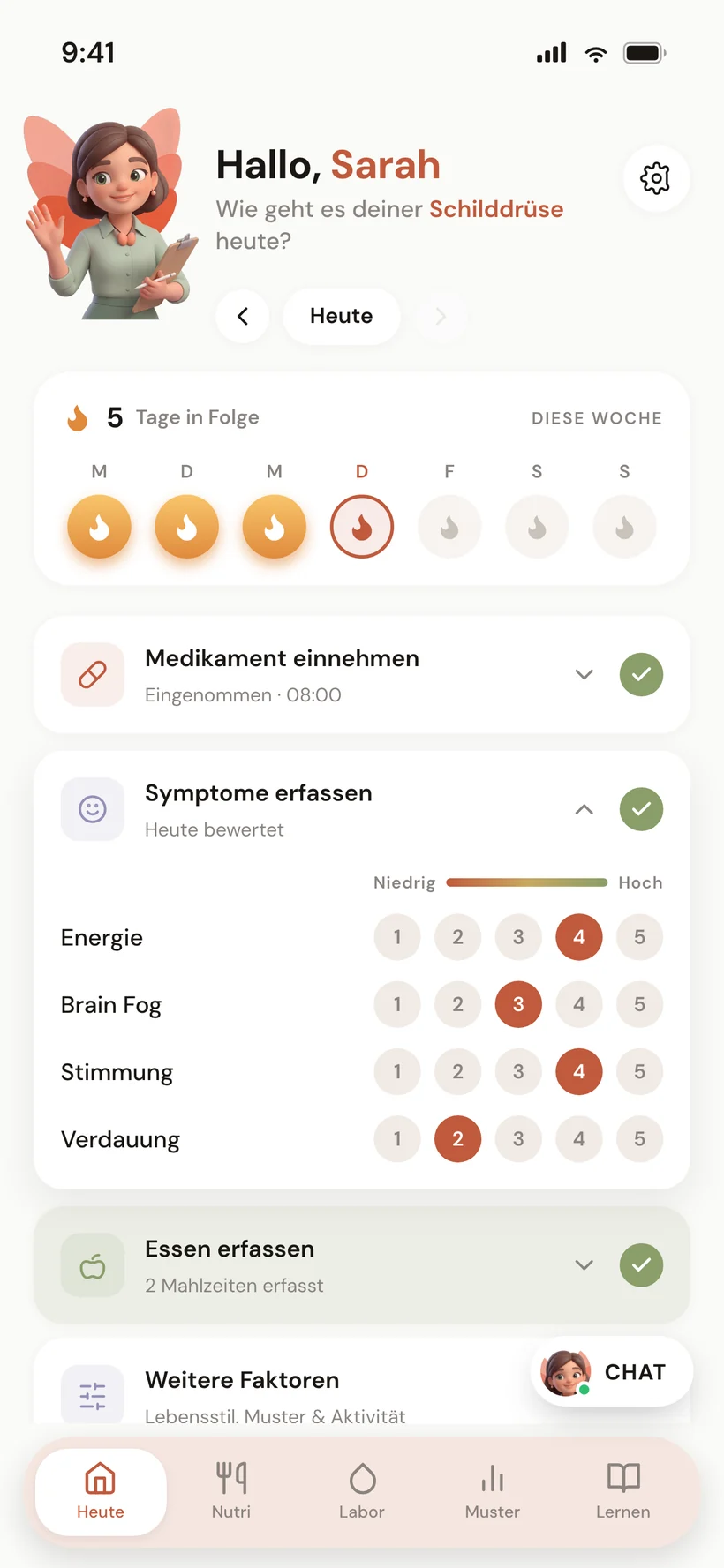 Heute-Bildschirm mit der Medikamenten-Timing-Karte — Fenster für Kaffee, Frühstück und Nahrungsergänzung