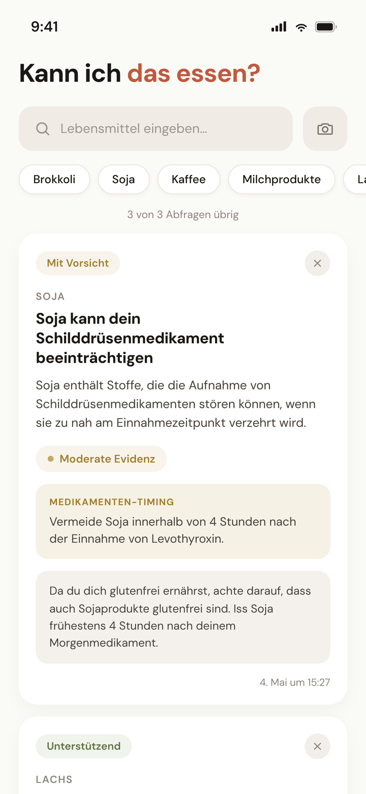 Bildschirm "Darf ich das essen?" mit Ergebnis-Karte — Anzeige in Grün/Gelb/Rot