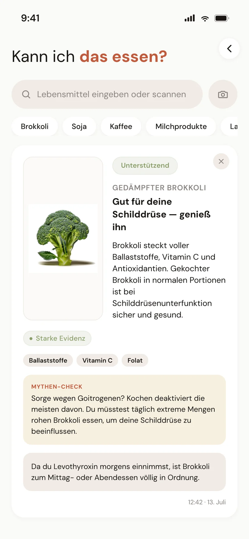 Bildschirm "Darf ich das essen?" mit Ergebnis-Karte — Anzeige in Grün/Gelb/Rot