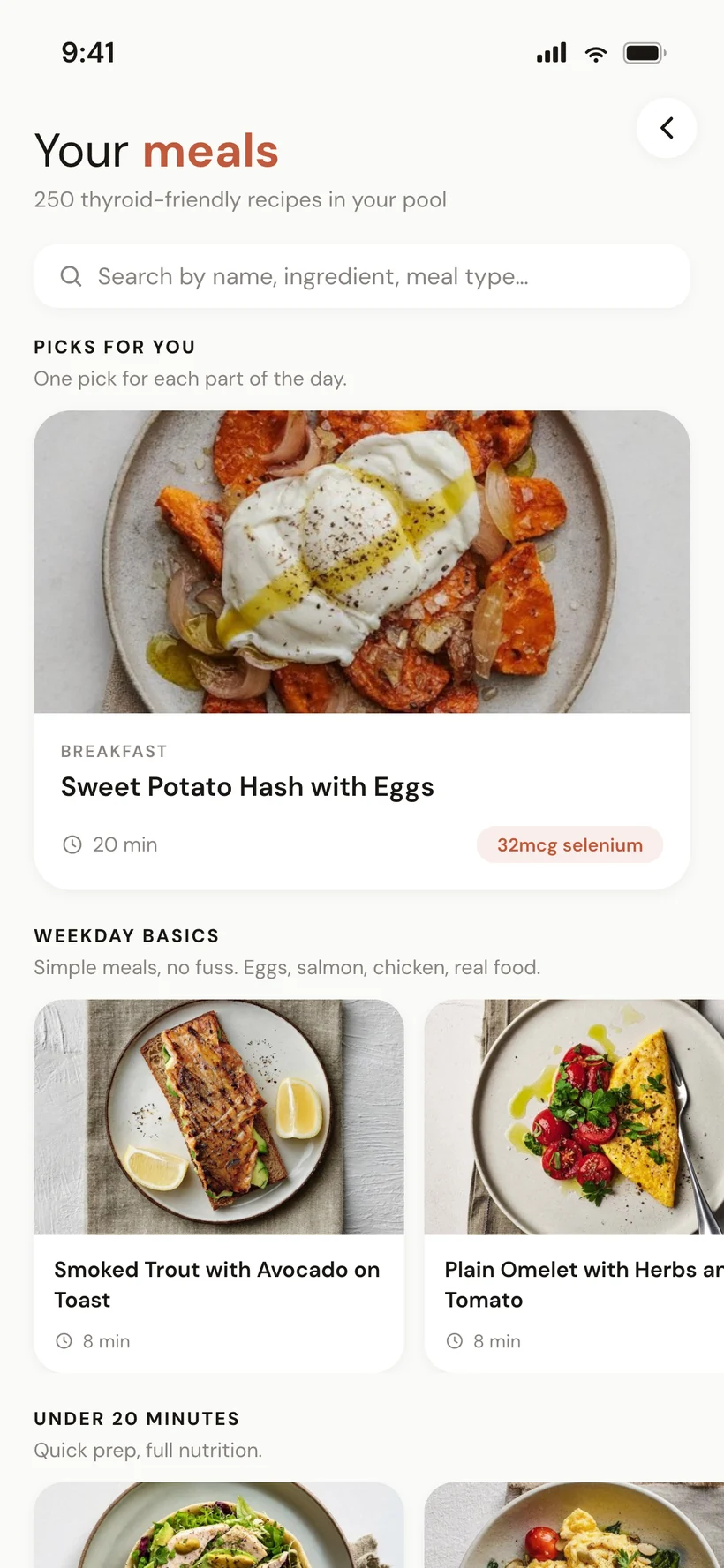 Weekly meal plan screen showing a day's meals with nutrient indicators