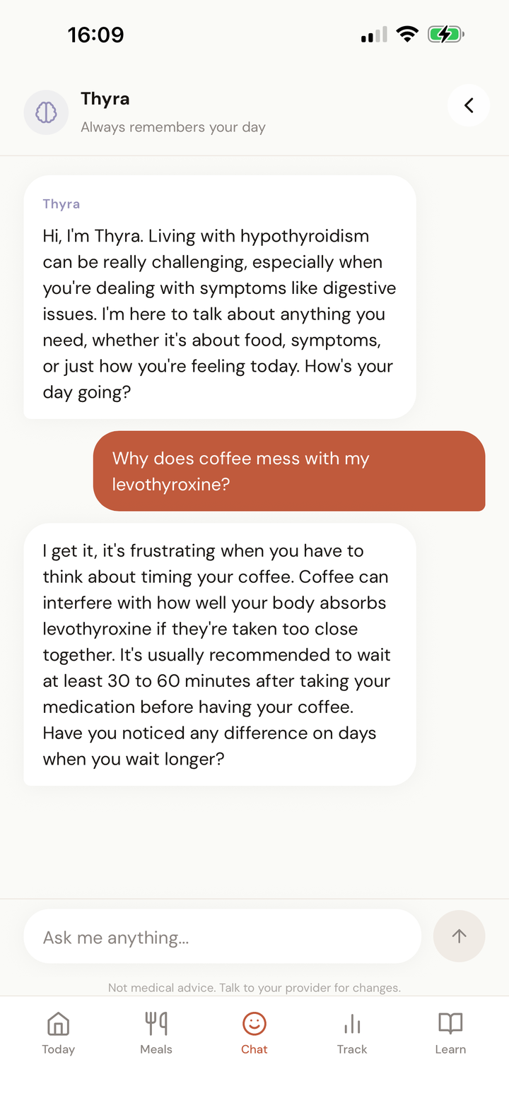 Thyra App-Screen für Levothyroxin- und Kaffee-Timing