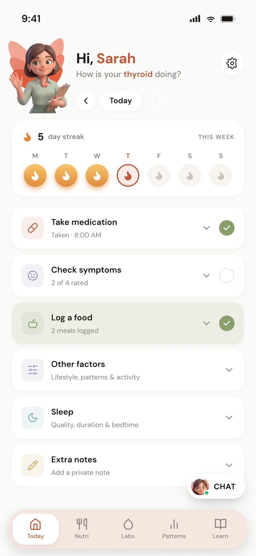 Today screen with the medication timing card — coffee, breakfast and supplement windows