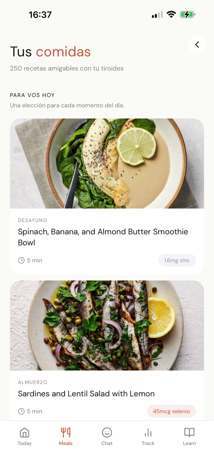 Pantalla de la app de plan de alimentación para hipotiroidismo de Thyra