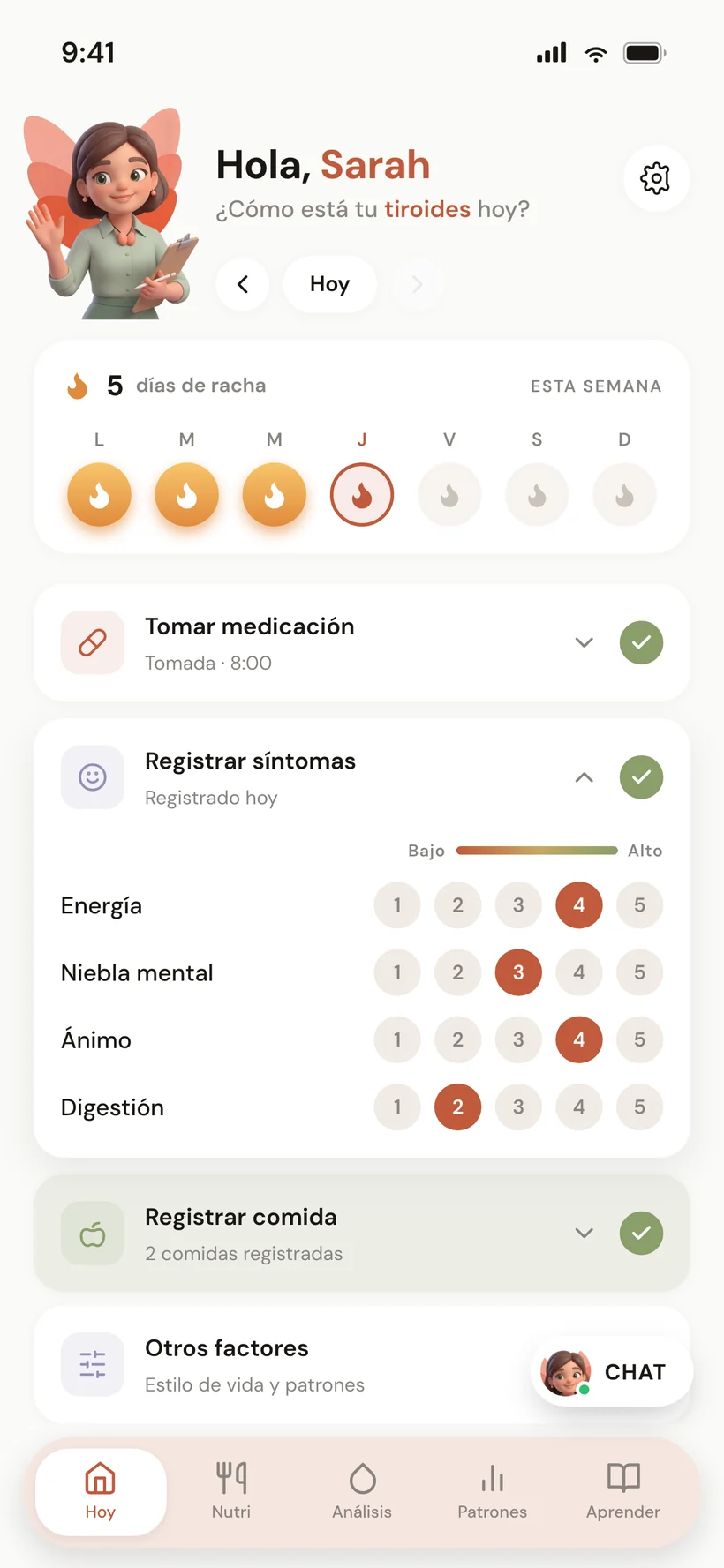 Pantalla Hoy con la card de medicación — ventanas de café, desayuno y suplementos