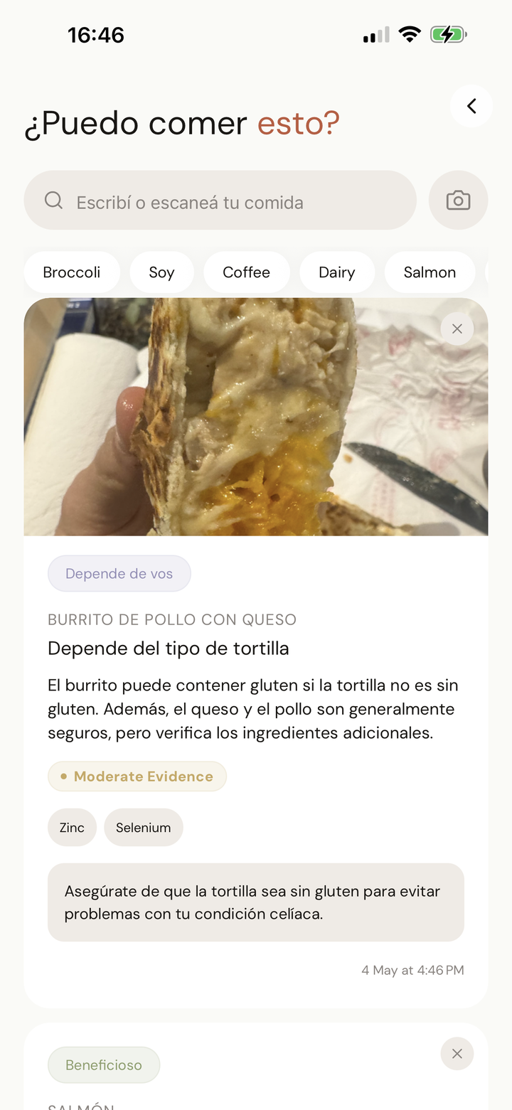 Pantalla de la app para chequear alimentos para la tiroides de Thyra