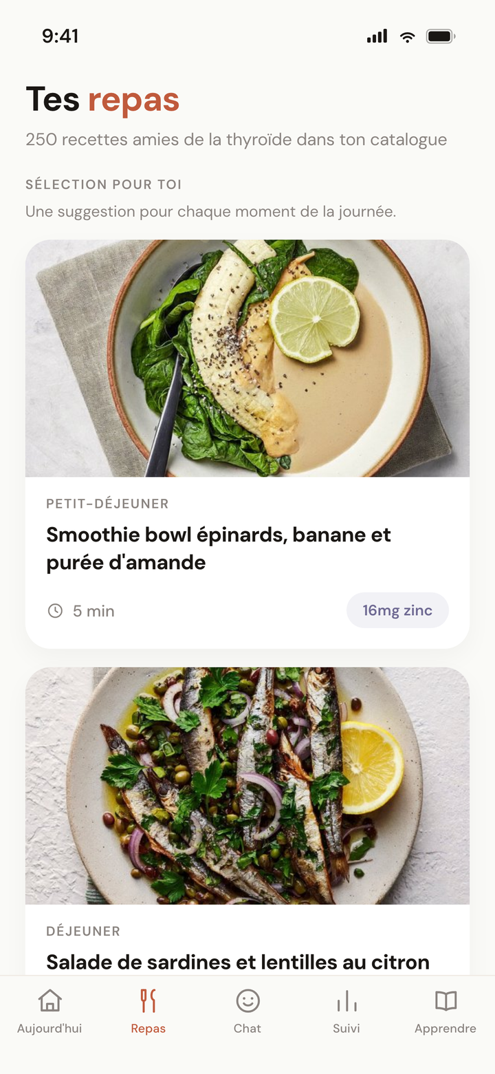 Écran du plan de repas hebdomadaire montrant les repas d'une journée avec les indicateurs de nutriments