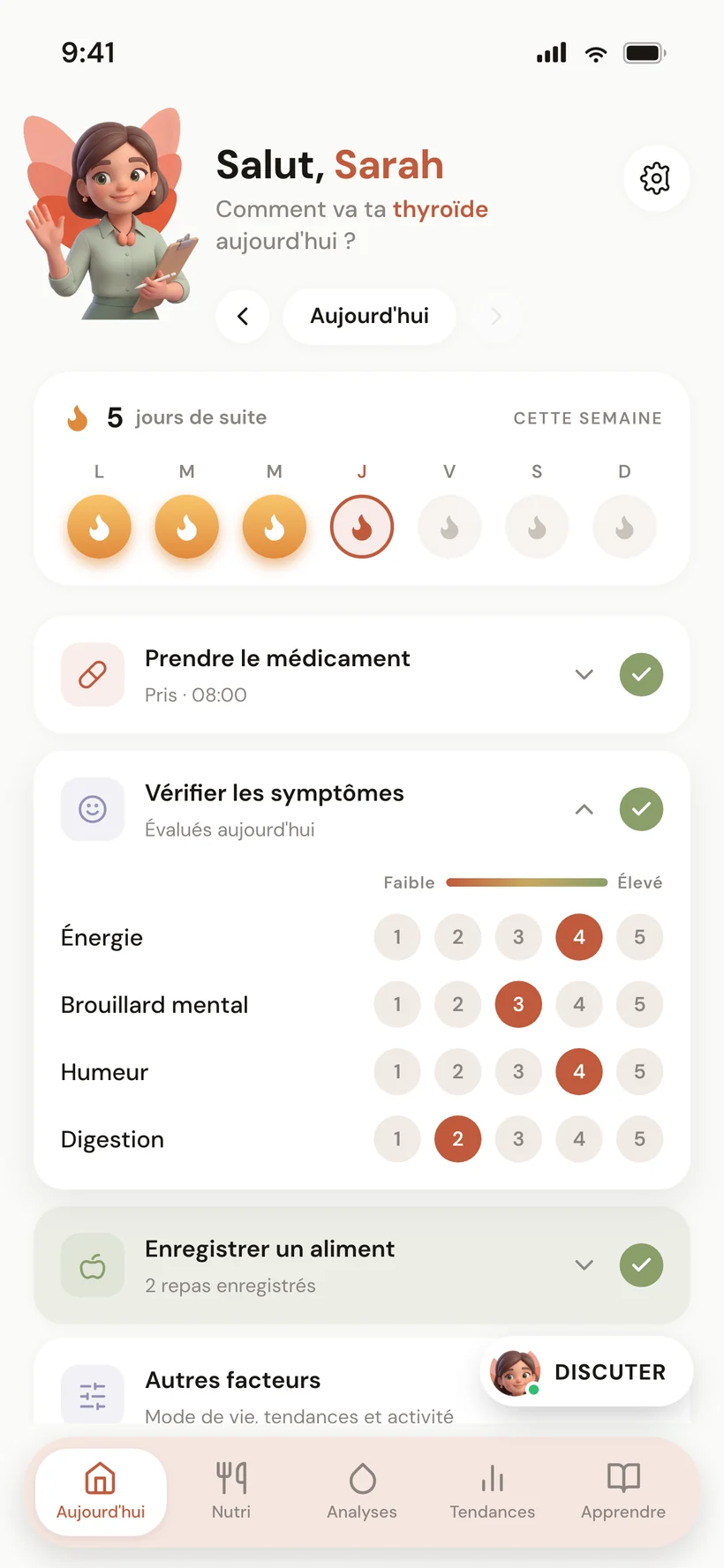 Écran Aujourd'hui avec la carte de timing de la médication — fenêtres café, petit-déjeuner et compléments