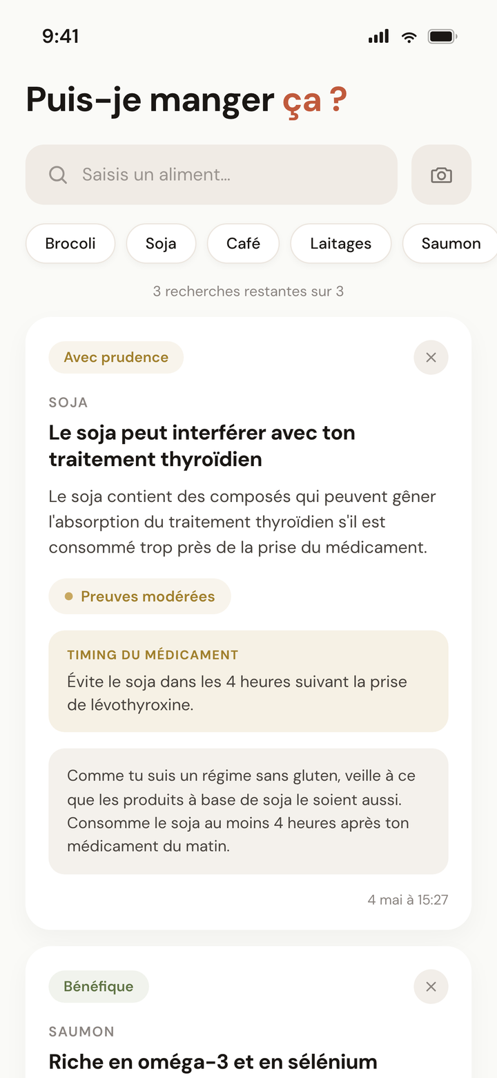 Écran « Puis-je manger ça ? » avec une carte de résultat — indicateur vert/orange/rouge