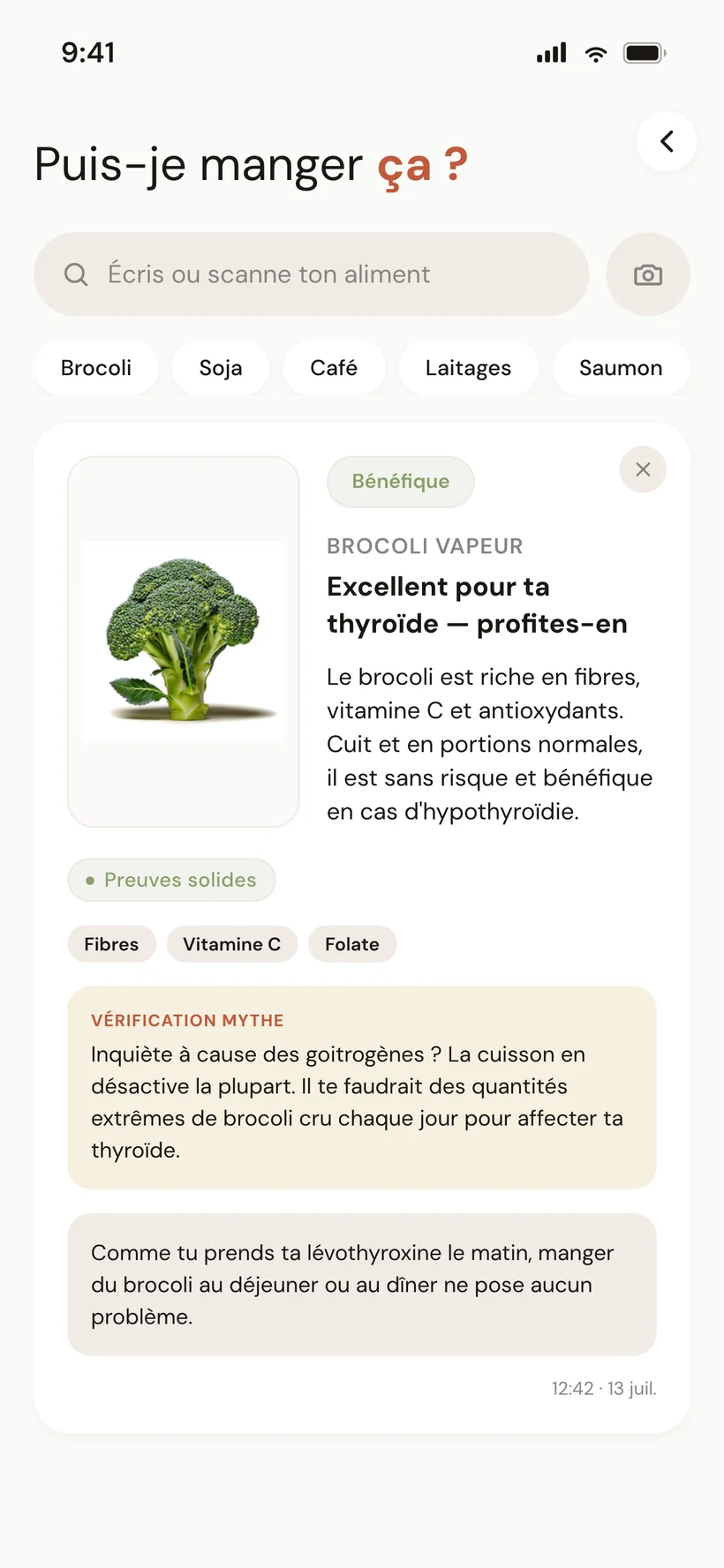 Écran « Puis-je manger ça ? » avec une carte de résultat — indicateur vert/orange/rouge