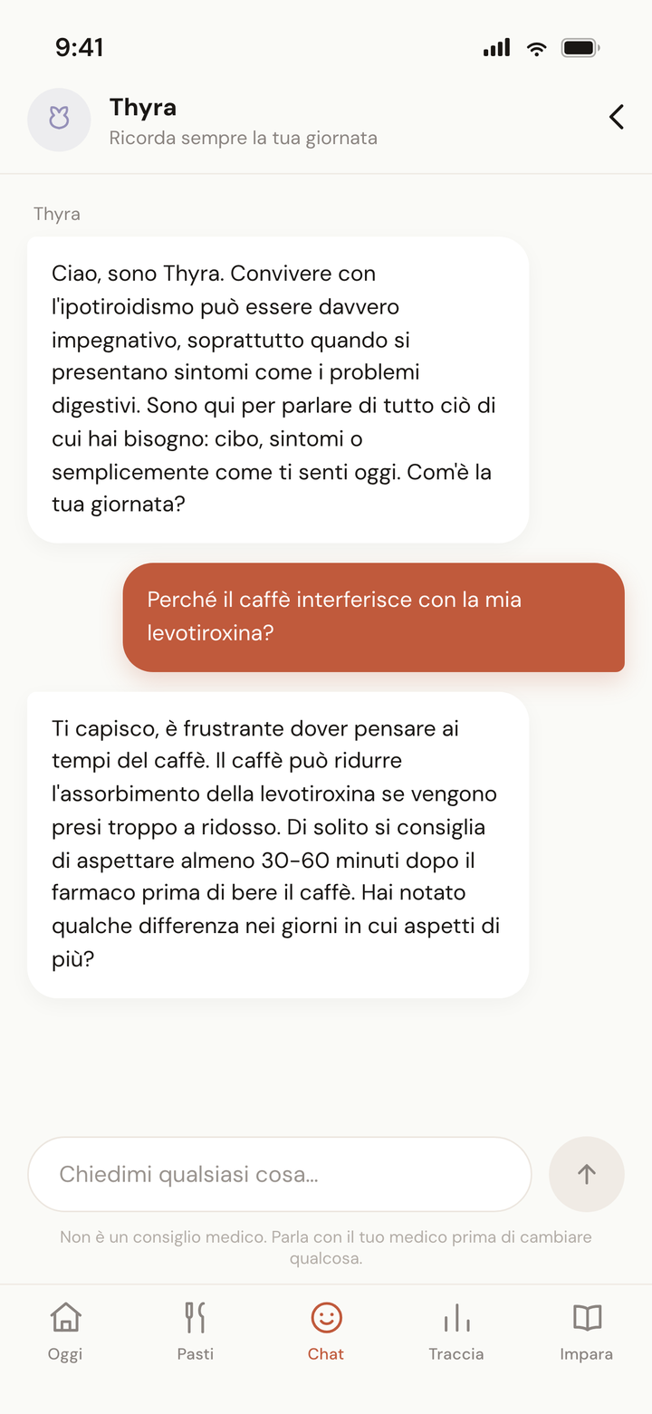 Schermata Oggi con la card del timing dei farmaci — finestre per caffè, colazione e integratori