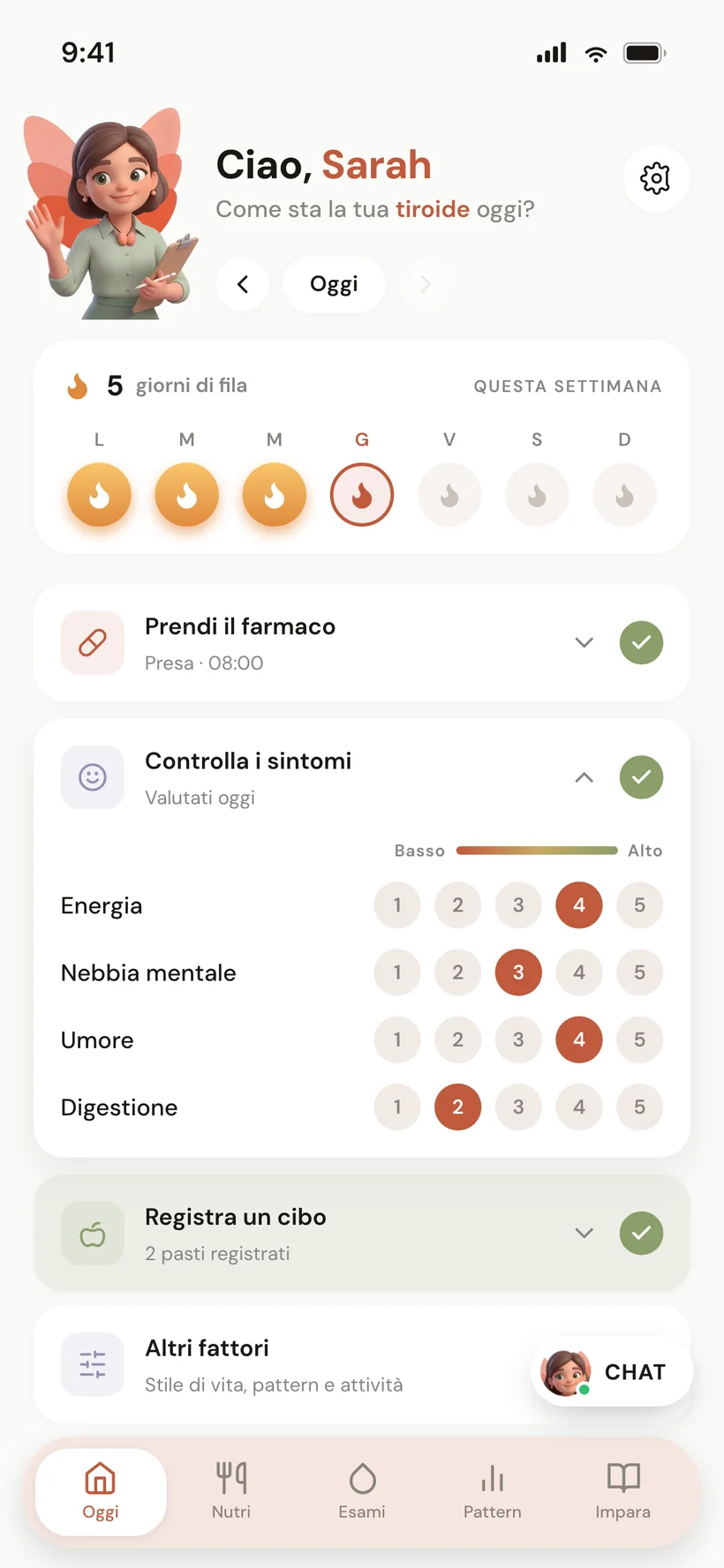 Schermata Oggi con la card del timing dei farmaci — finestre per caffè, colazione e integratori