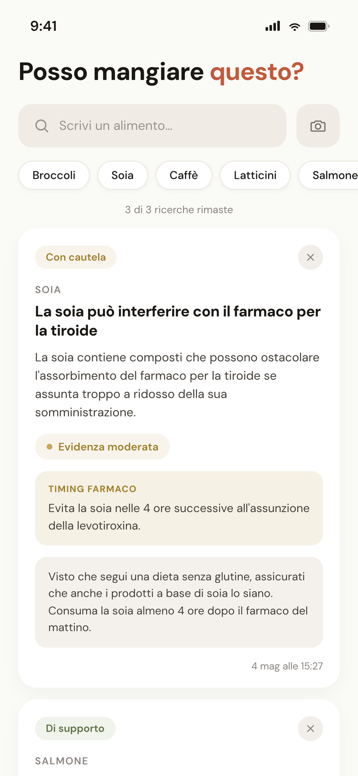 Schermata "Posso mangiarlo?" con la card del risultato — indicatore verde/ambra/rosso