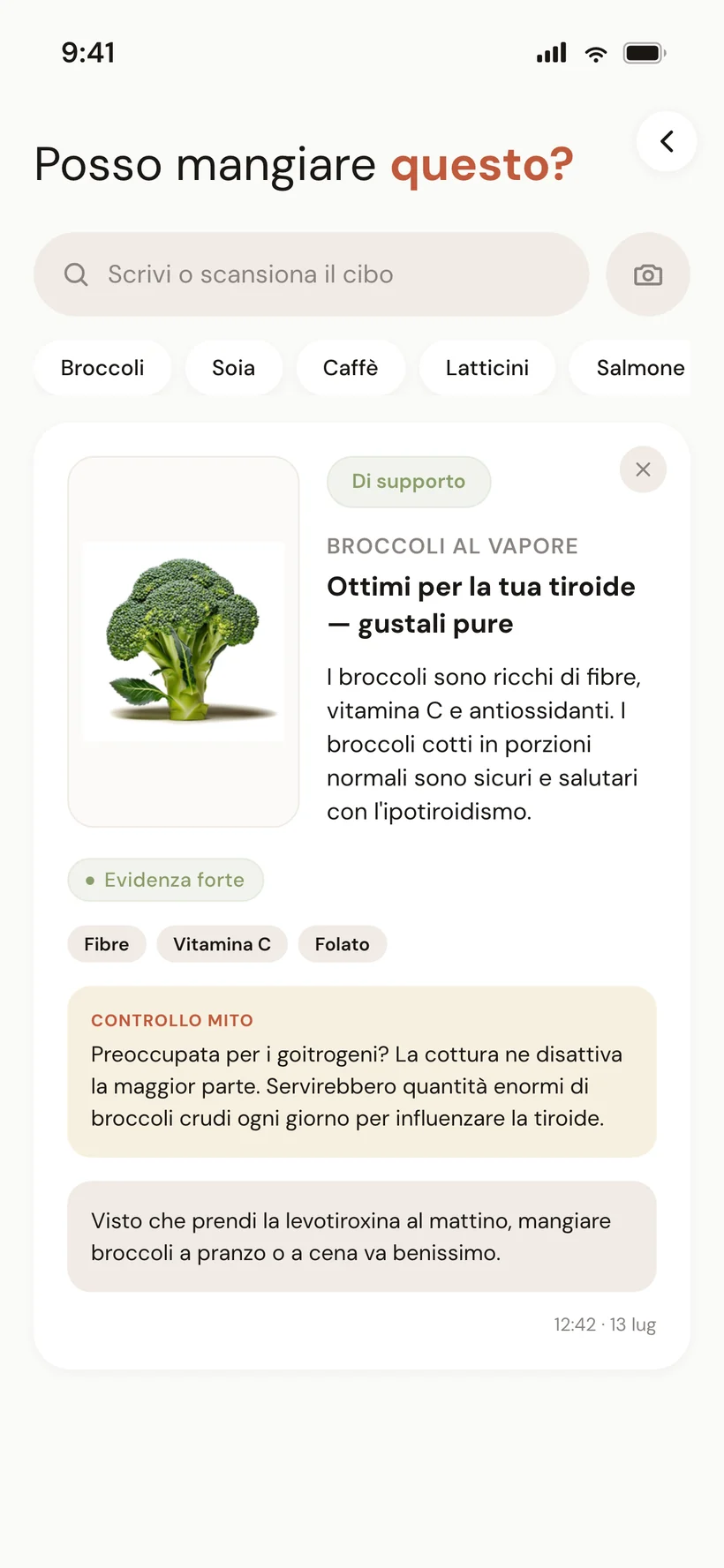 Schermata "Posso mangiarlo?" con la card del risultato — indicatore verde/ambra/rosso
