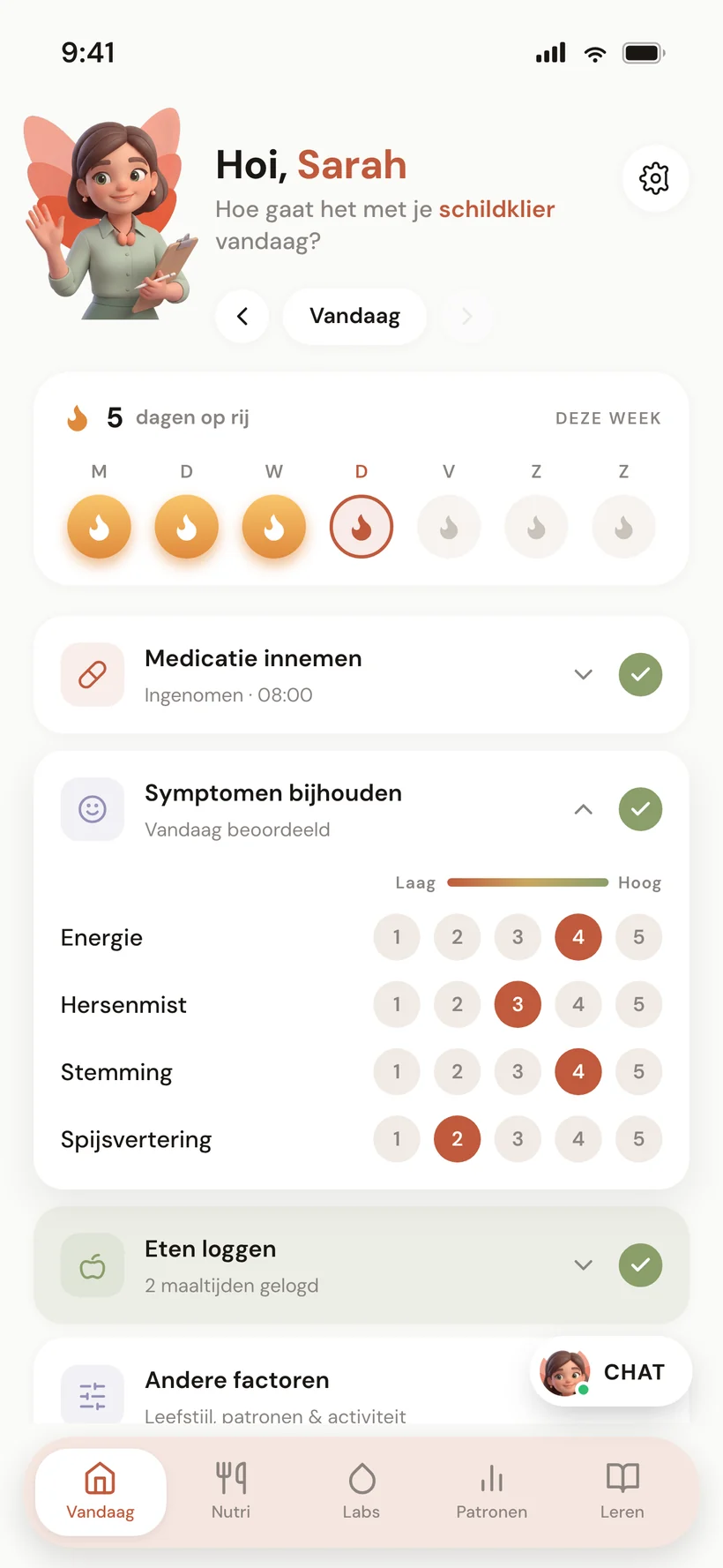 Vandaag-scherm met de medicatietimingkaart — koffie-, ontbijt- en supplementmomenten