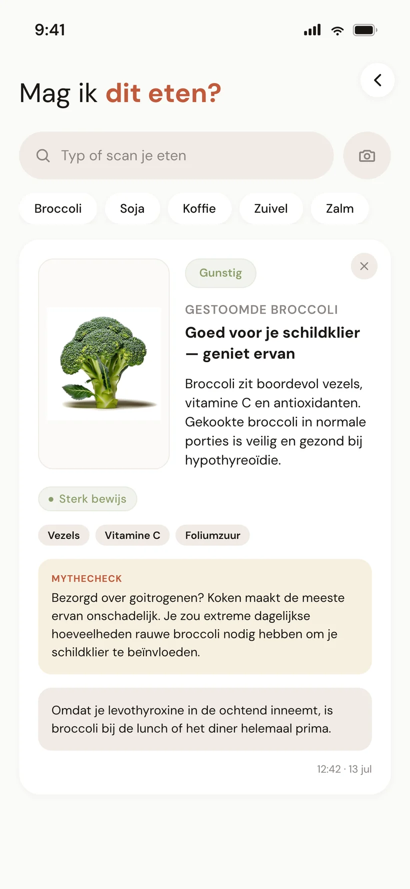 Scherm "Mag ik dit eten?" met een resultaatkaart — groene/oranje/rode indicator