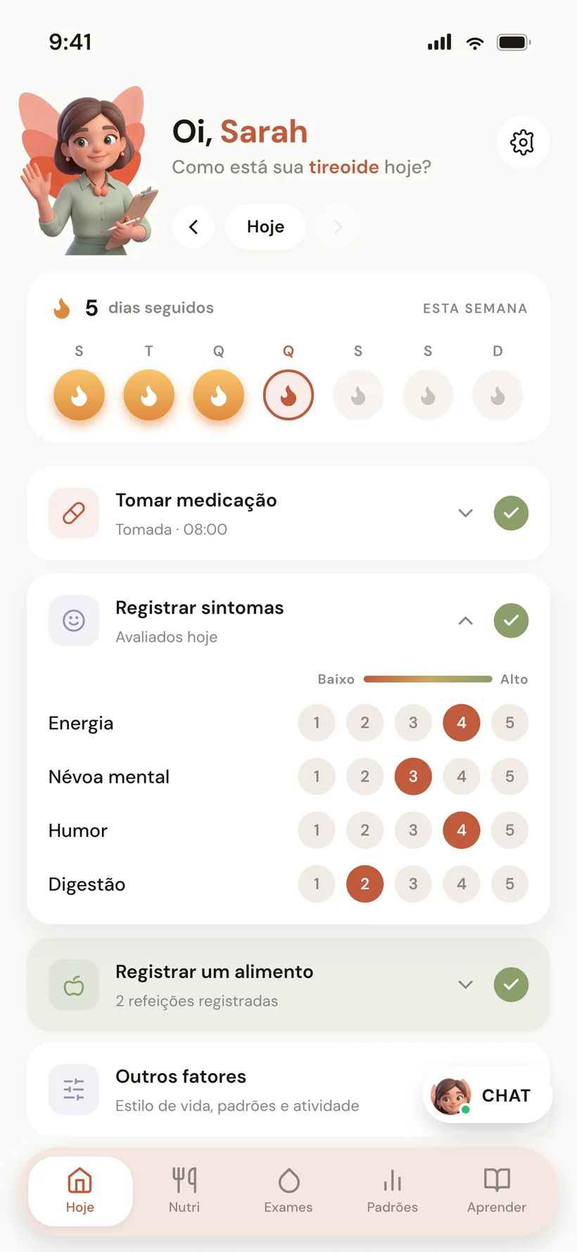 Tela Hoje com o card de horário da medicação — janelas para café, café da manhã e suplementos