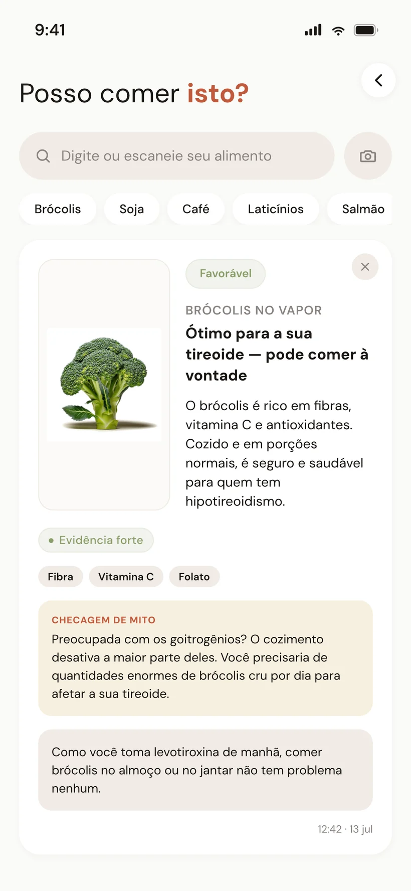 Tela "Posso comer isso?" com um card de resultado da consulta — indicador verde/âmbar/vermelho